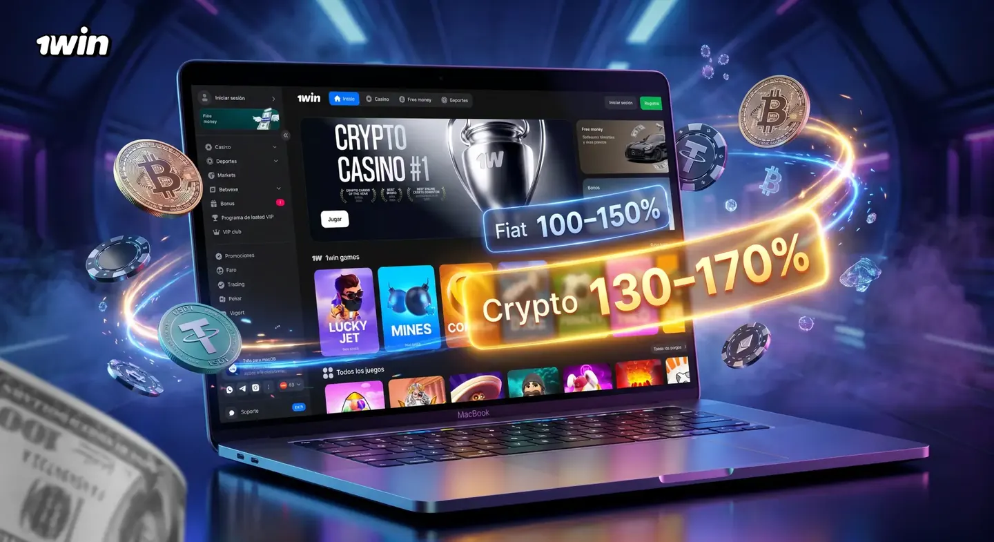 Plataforma 1win abierta en un portátil con el catálogo de casino